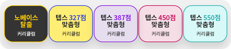 노베이스 탈출 커리큘럼 텝스 327점 맞춤형 커리큘럼 텝스 387점 맞춤형 커리큘럼 넵스 450점 맞춤형 커리큘럼 텝스 550점 맞춤형 커리큘럼